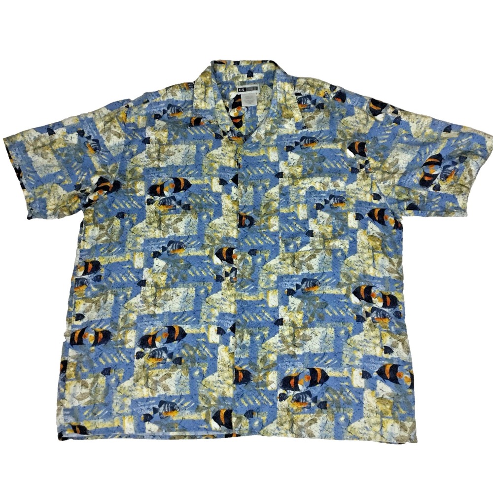 Untied Mens XL Hawaiian Shirt Blue Tropical Fish Viscose Rayon Short Sleeve XL
